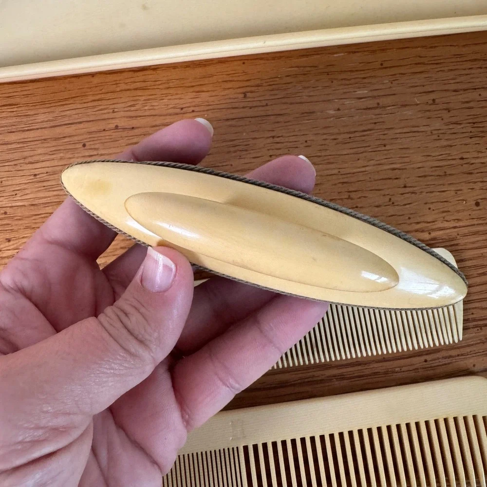 Vintage French Ivory Celluloid Vanity Set Tray Combs Buffer Jar‎ Butterfly 6pc